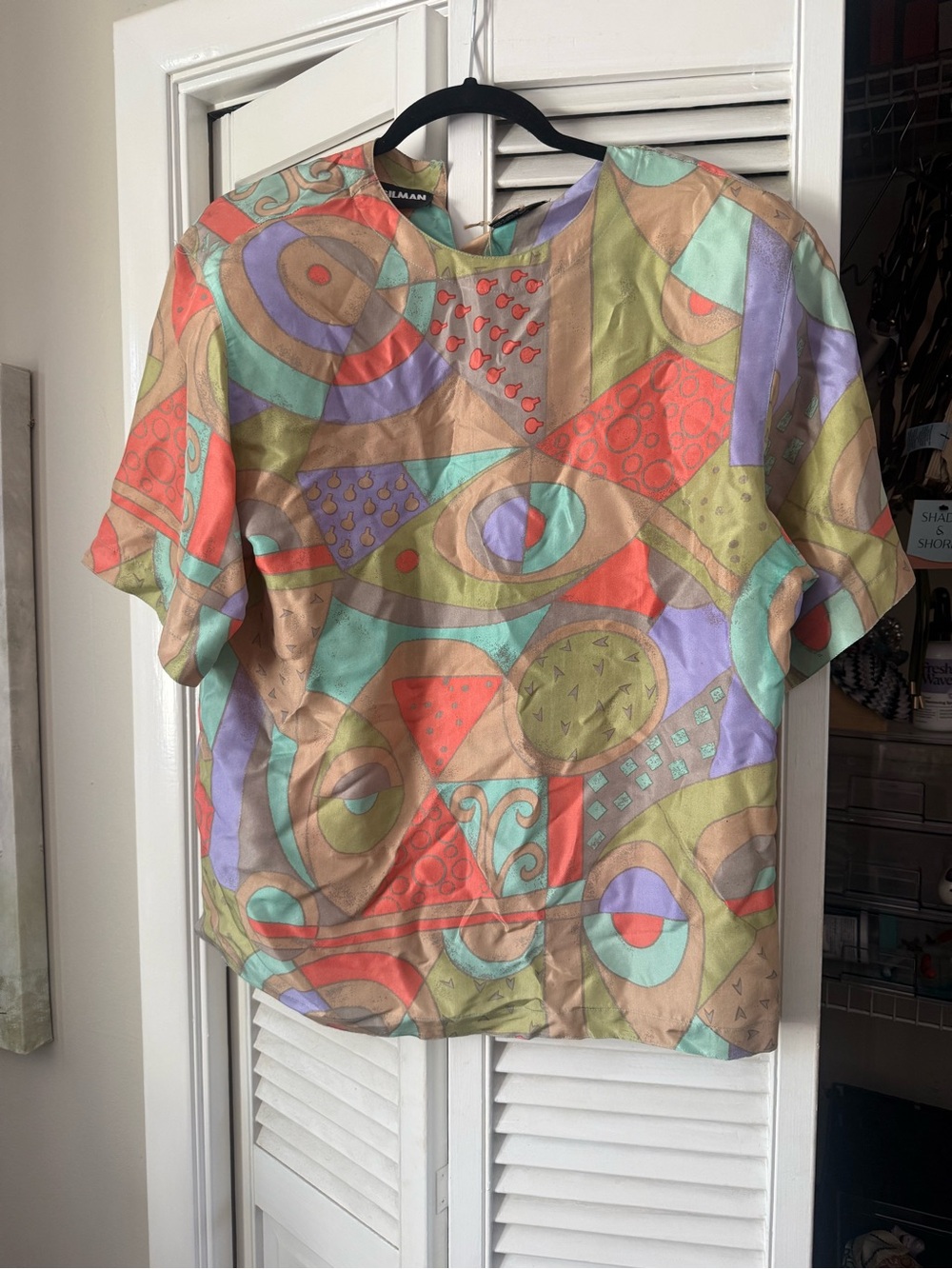 Diane Gilman Short Sleeve Abstract Silk Top in Coral, Mint & Lavender